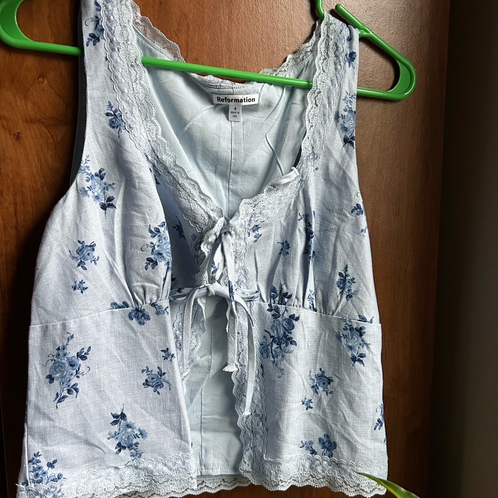 Reformation Blue Tie Front Sleeveless Blouse